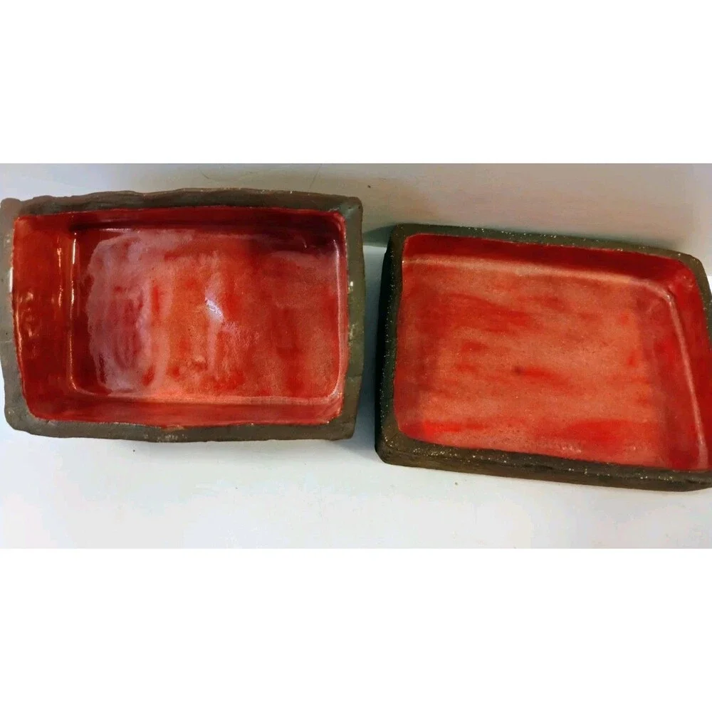 Vintage Studio Pottery Butter Dish Faux Bois Wood Bark Ceramic Covered Box Red